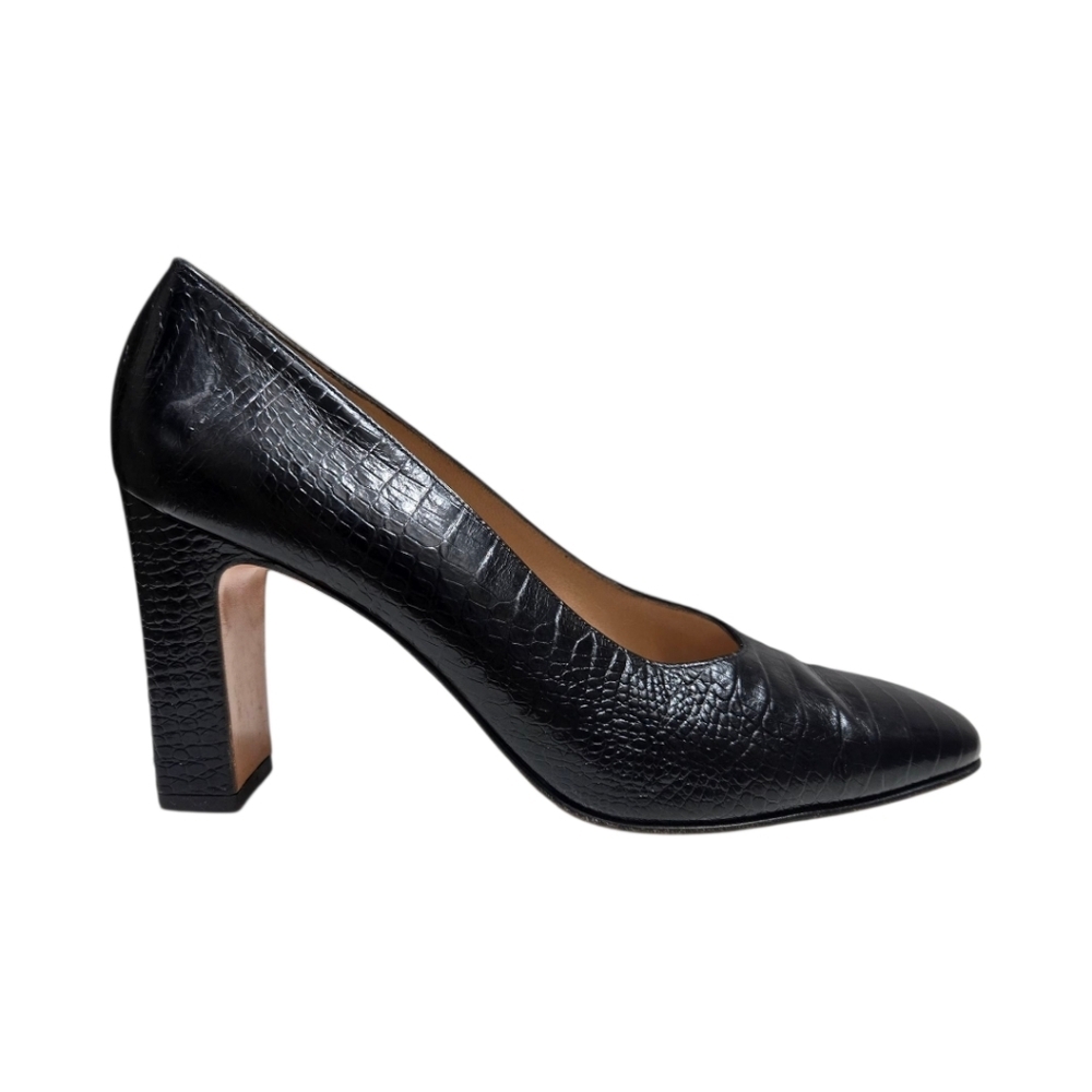 Salvatore Ferragamo Black Pumps Size 9 AA Leather Croc Embossed Heels Italy - Picture 15 of 15